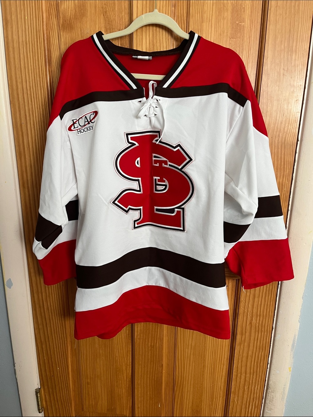 Youth Red and White Hockey Jersey with Lace Neck